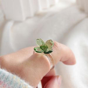 DJDK Fashion Four-leaf Clover Ring Cute Handmade Glass Coloured Glaze Ring Lotus Vintage Flowers Finger Ring Summer