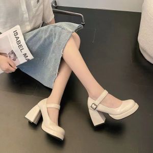 [Free Shipping] WomenS Shoes Chunky Heels Platform Soles Thick Soles Height-Increasing Elegant Single Shoes WomenS Leather Shoes