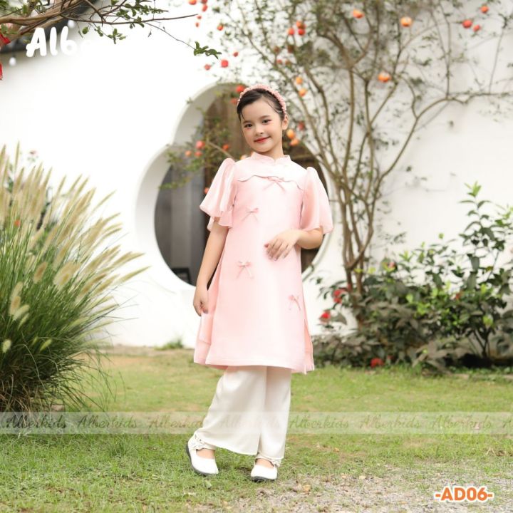Áo dài bé gái ALBERKIDS 2 màu HỒNG, ĐỎ tay cánh tiên đính nơ ngọc cho ...
