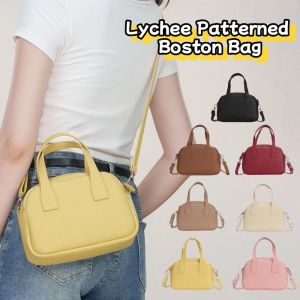 DVFDA หนังคุณภาพสูง กระเป๋าโบว์ลิ่ง PU กระเป๋าถือ แบบเกาหลี กระเป๋าสะพายข้างลายลิ้นจี่ ขนาดเล็ก แบบฝรั่งเศส กระเป๋าโท้ตบอสตัน กลางแจ้ง