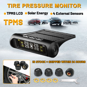 Wireless TPMS Tire Pressure Monitoring System Solar Car Tyre Pressure Alarm Real-time LCD Display Tempera-ture Warning With 4 External Sensors Solar Power Panel USB Charging Tire Pressure Detector