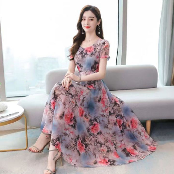 Women Casual Dress Lady Korean Style Vintage Floral Printed Chiffon Draw  Back Slim Over The Knee Dress Short Sleeve V-Neck Dress Lazada PH