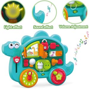 Dinosaur Busy Board Activity Toy | Musical Lights Montessori Learning Board | 6-in-1 Sensory Skills Toy for Toddlers 18M+ | Birthday Gift for Baby Boys Girls