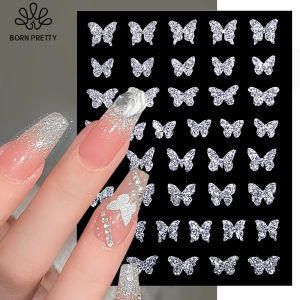 BORN PRETTY Reflective Glitter Butterfly Star Heart 3D Nail Stickers Silver Gold Powder Wings Design iridescent Sparkly Lines Star Decoration