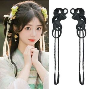 GLOWLITE Chinese Hanfu Bow Bun Head Wig Double Ponytail Claw Clip Pony Tail Hairpiece Gentle Natural Twist Braid Wig Women