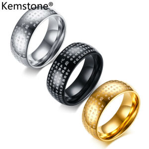 Kemstone 8MM Stainless Steel Buddhist Sutra for Mens Ring