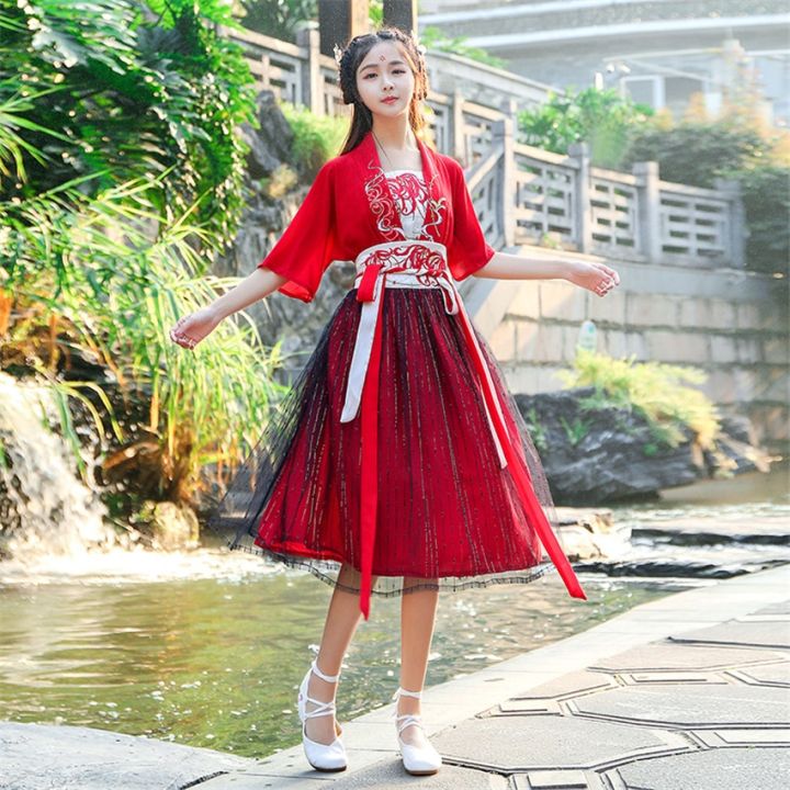 Woman Chinese Traditional Hanfu Dress Ancient Elegant Embroidery Dance Wear  Summer Red Fairy Short Sleeve Top Mesh Skirt