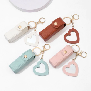 Portable Lipstick Bag Mini Handbag Change Coin Bag Heart Mirror Keychain Leather Keychain Bag Hanging Decoration Chain