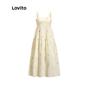 Lovito Casual Ditsy Floral Draped Cotton Embroidered Sunflower Dress for Women L52AD074 (Off White)