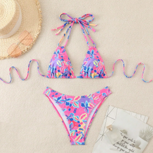 Floral Print Folded Bikini Soft Cup Beach Vacation Womens Swimsuit Colorful Floral Design Gathered Chest Suitable for Small Bre