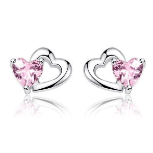 BAMOER Free Shpping Genuine 925 Sterling Silver Double Heart to Heart Pink CZ Stud Earrings for Women Brincos Fine Jewelry Bijoux SCE090