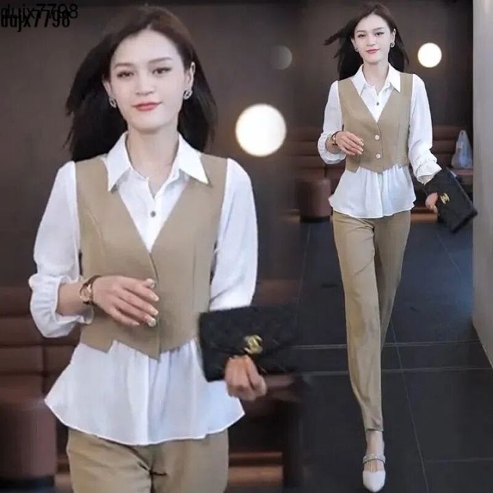 dujx7798 Women Shirt and Long Pants Set Fashion Office Work Wear