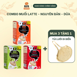 Combo 3 Hộp Cà Phê Hoà Tan Nguyên Bản Muối Dừa Elys Coffee - Tặng 1 Túi Lưới Đi Biển Cafe 3in1