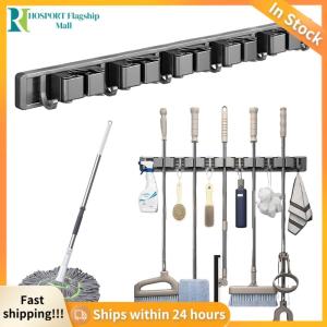 【HFM】 Adjustable Wall Mount Broom and Mop Holder with Hooks for Laundry Room and Kitchen