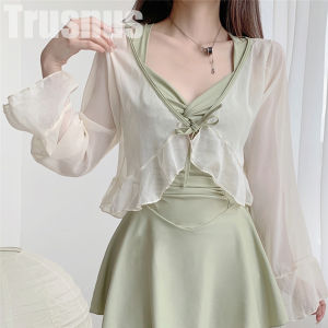 Korean Women Swimdress Conservative One Piece Swimsuit Swimwear Look Cover Flesh Small Breasts