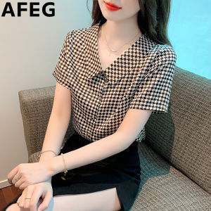 AFEG new Korean version V-neck fashion loose and assorted single breathe silk plaid short sleeve blouse