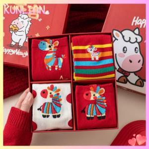 [KUNLIAN] 1Pair New Year Lucky Red Socks For Men Women Autumn Winter Warm Mid-Tube Socks Cartoon Pony Horse Socks Christmas Gifts