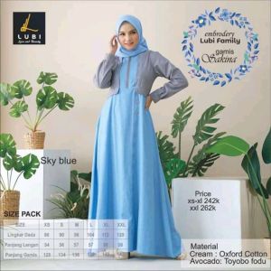 Baru Gamis Muslimah Lubi Sakina Sky Blue Oxford Cotton Mix toyobo fodu Premium