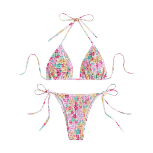 Bikini ชุดว่ายน้ำ บิกินี่ผ้าย่นลายดอก🌸 แบบเชือกผูก สีน่ารักมาก สายฝอ เซกซี่ มี 11ลาย