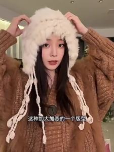 Thickened Plush Knitted Real Rabbit Fur Hat for Women Autumn and Winter Cold-Proof Woolen Tassel Hat Face-Slimming Large Head Circumference Head Wrap Hat