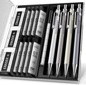 Four Candies 0.7mm Mechanical Pencil Set with Case - 4PCS Metal Mechanical Pencils 8 Tubes HB #2 Lead Refills 3PCS 4B Erasers and 9PCS Eraser Refills Lead Mechanical Pencils for Writing & Drawing