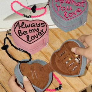 NOVELLEO Heart Shaped Jewelry Ring Storage Box Embroidered Retro Style Jewelry Holder Compact Pure Color Cosmetic Bag Earrings