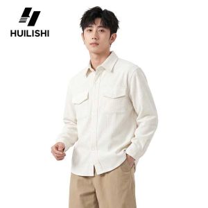 HLS&huilishi Men Solid Off White Vertical Striped Corduroy Shirts Loose Lapel Dual Flap Pocket Casual Work Long Sleeve Overshirt