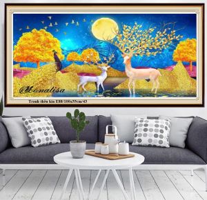(tranh chưa thêu) Tranh thêu kín HƯƠU TÀI LỘC NGẮM TRĂNG kích thước 100x55 cm