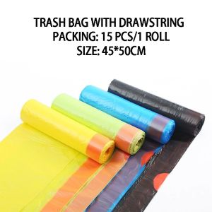 HOMEKARE 15Pcs/Roll Trash Garbage Bag With Rope Storage Kitchen Garbage Box Household Disposable PE Drawstring Handles [NEW MATERIAL]