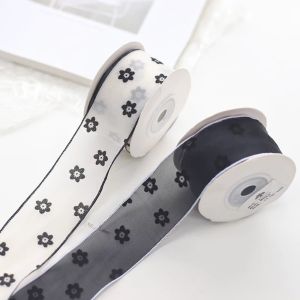 VIVAZ 10 Yards Polka Dot Pattern Organza Ribbon Flower Pattern Flocked Texture Sheer Ribbon Korean Style 10 Yards Length Flocked Ribbon For DIY Crafts