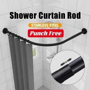 Punch-Free Extendable Curved Shower Curtain Rod Stainless Steel Rustproof Slip-Resistant Adjustable Length Easy Installation No Drilling Heavy Duty for Bathroom Shower Room Dormitory Apartment Home Use