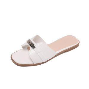 YOTO Crocodile-Embossed Slide Sandals For Women Gold-Tone Buckle French-Inspired Flat Slippers