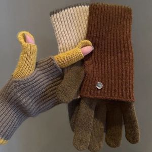 GENENIC Open-Finger Color Blocked Knitted Gloves Warm Dual-purpose Long Gloves Casual Soft Plush Driving Gloves Daily Use