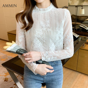 AMMIN 2023 autumn Korean style fashion elegant blouse women’s new long-sleeved romantic three-dimensional embroidery flower round neck lace shirt female tops