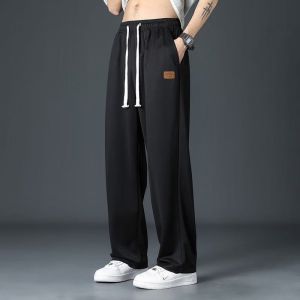 M-5XL Plus Size Summer Mens Ice Silk Straight Wide-leg Elastic Waistband Pants Loose Thin Pants Running Sweatpants Trend Plus Size Black Grey Khaki