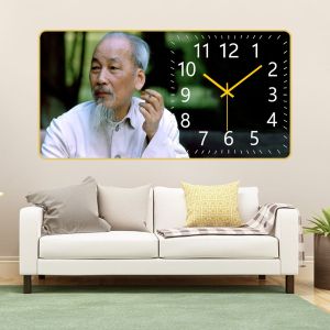 Tranh gắn đồng hồ Chủ tịch Hồ Chí Minh chất liệu in gỗ tráng gương bọc viền cao cấp