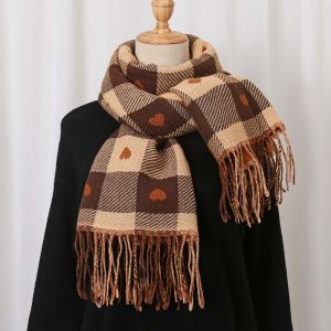 NOVELLEO Acrylic Fibers Plaid Knitted Scarf Warmer Long Tassel Shawl Korean Style Classic Heart Thickened Scarf Winter