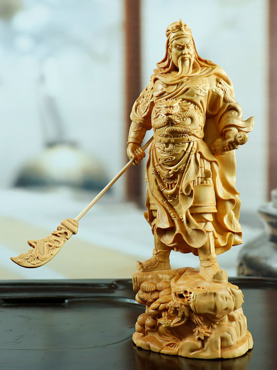 Standing Guan Yu Wood Statue - Exquisite Chinese Boxwood Carving of ...