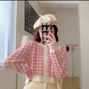 Sweater Rajut Wanita Lengan Panjang Modis Korea - Atasan Wanita Cardigan Crop Kotak-kotak