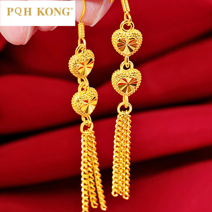 PQH KONG Jewellery Gold 916 Original Malaysia Earrings for Women Leaf Pendant Long Drop Dangle Hook Gold Earrings Party Jewelry Fashion Gold Jewellery Exquisite Flower Earrings Earing Set for Girls Korean Style Subang Telinga Perempuan