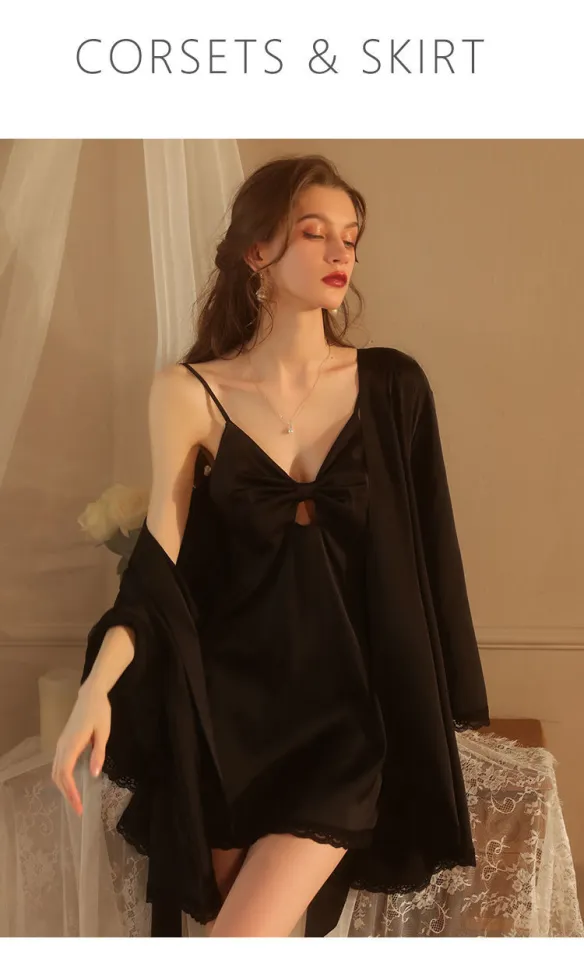 Pyjama Girl Spring And Summer Thin Ice Silk Long Sleeved Nightgown  Nightdress Sexy With Bra Court Pure Desire Wind Long Suit