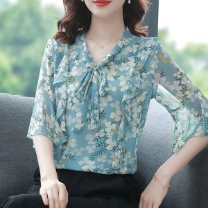 Summer Floral Printing Bow Chiffon Blouse Femme Mid Sleeve Elegant Shirt Fashion Women Loose Casual Sweet Shirt