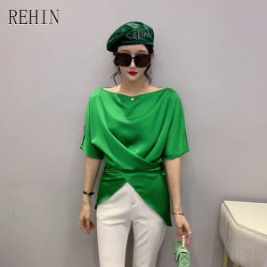 REHIN Womens top Irregular solid color short-sleeved T-shirt satin cross-tie collar elegant blouse