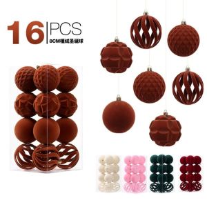 DECALE 16PCS Plastic Velvet Christmas Balls 8CM Matte Christmas Flocked Ball Set DIY Crafts Solid Color Christmas Tree Pendant Holiday Party Decor