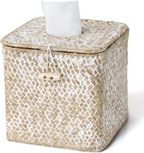 Tissue Cover Square Woven Tissue Holder with Lid Farmhouse Seagrass Tissue Decorative Facial Cube Tissue Cover for Bathroom Office Table Brown
