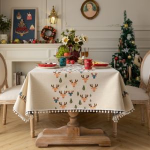 Christmas Jacquard Tablecloth Beige Snowflake Christmas Deer Snowman Rectangular Dining Table Cloth