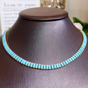 SEQUITO Attractive Wedding Party Jewelry Gold Plated Pave Setting Blue Baguette Cut AAA Cubic Zircon Bride Choker Necklace SN040