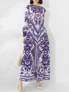 Pleated R Dress Womens Fashion Porcelain Printed round Neck Lantern Sleeve Dress #20240566