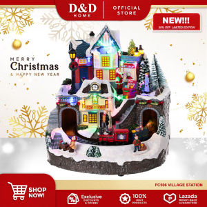 D&D Home FC506 Village Station Christmas Lighted Miniature Scene with Train and Figures Decoration