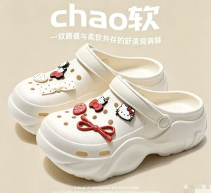 [Free Shipping] Arch-Support EVA Clogs For Women With Cartoon Red Bow Cat Design Versatile Fashionable Non-Slip Wear-Resistant Thick-Soled Closed-Toe Slippers